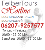Die Telefon-Hotline fr Anfragen und Buchungen ! Sie erreichen uns Montag - Freitag von 10.00 bis 22.00 Uhr und Samstags von 10:00 bis 16:00 Uhr unter 06207 - 9257577